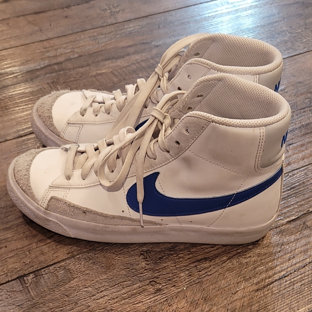 Nike Kidd Mid-Top Blazer Sneakers in White with Blue Swoosh